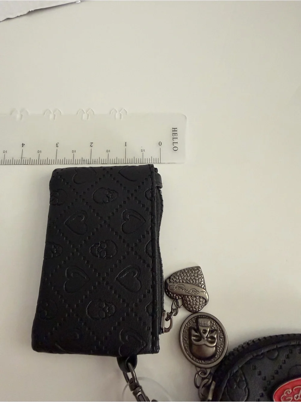Ed Hardy Black Faux Leather Detachable Wristlet Keychain Pouch Hearts Skulls